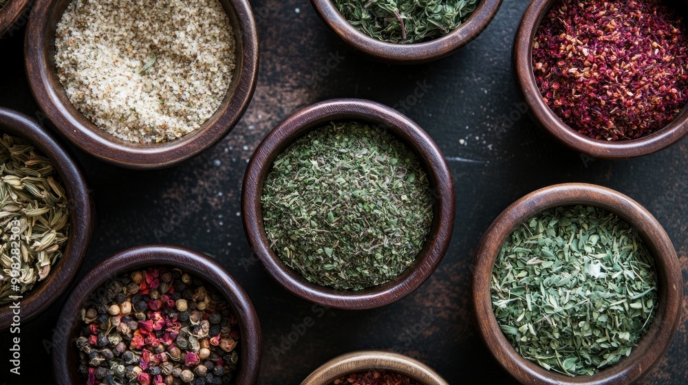 Assortment of Spices in Wooden Bowls on Dark Surface Assortment of Spices in Wooden Bowls on Dark Surface