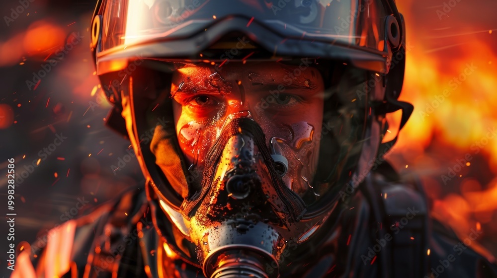Brave firefighter facing flames, ready for action in full gear with a protective mask and helmet, eyes focused on the challenge ahead. Brave firefighter facing flames, ready for action in full gear with a protective mask and helmet, eyes focused on the challenge ahead.