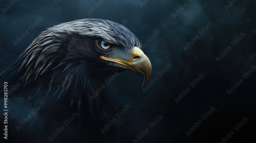 Obraz premium Majestic eagle's head, its golden beak and piercing eyes shining in a dark, misty environment with dramatic light.