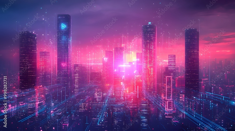 Futuristic cityscape with vibrant neon lights and towering skyscrapers. Futuristic cityscape with vibrant neon lights and towering skyscrapers.