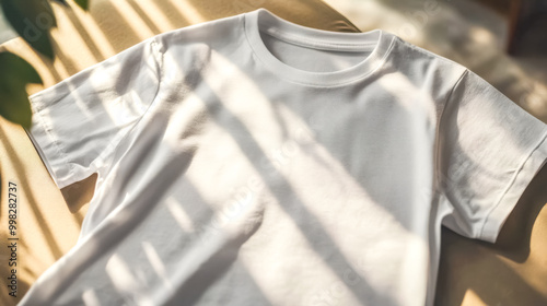 White t shirt lying on sofa with sunlight creating abstract shadows