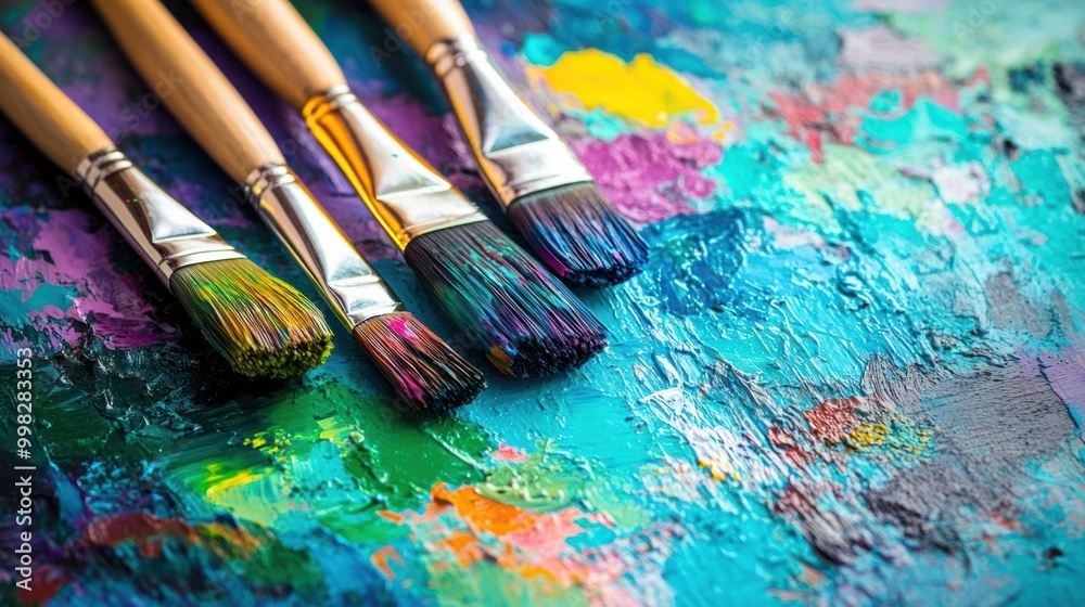 Obraz premium Bright splashes of color fill a palette while paintbrushes rest on an abstract canvas in an artist's studio, showcasing creativity in progress. Generative AI