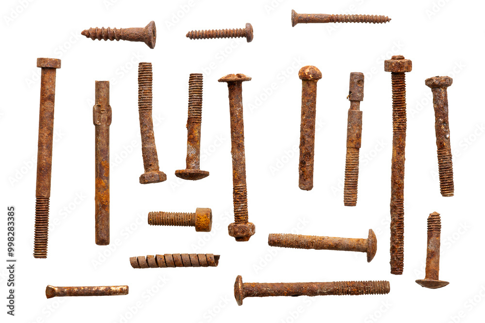 Collection of rusty bolts, screws, and nuts isolated on a white background. Design elements. Metal detecting finds. Collection of rusty bolts, screws, and nuts isolated on a white background. Design elements. Metal detecting finds.
