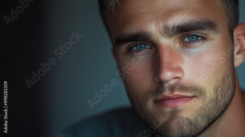 Captivating close-up of a young man with striking blue eyes against a softly blurred background