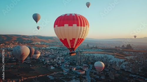 Colorful hot air balloons soaring over a picturesque landscape at sunrise. photo