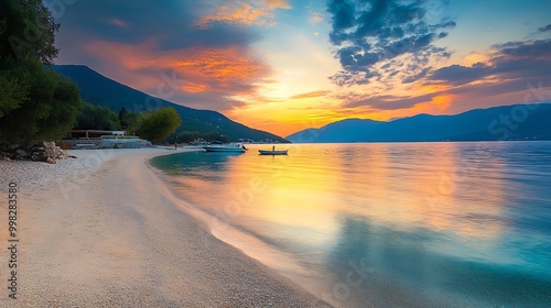 Tranquil beach at sunrise with boats anchored in the calm water and mountains in the background.