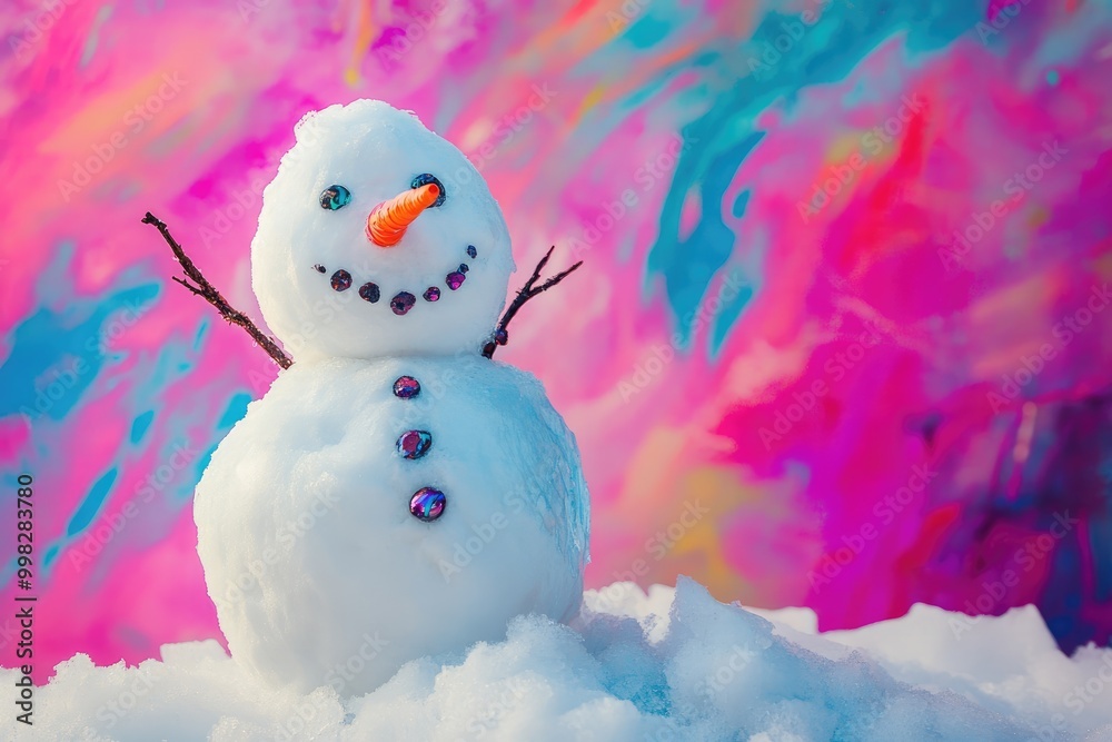 Obraz premium A Smiling Snowman With A Carrot Nose And Gemstone Buttons Against A Pink And Blue Background
