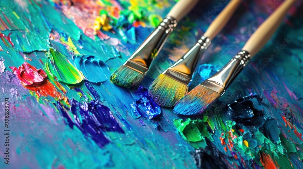 Bright paints and brushes await on a canvas, reflecting creative energy and vibrant colors in an artistic setting. Generative AI