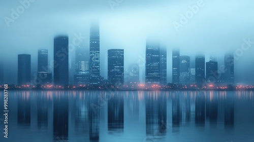 Misty morning city skyline reflected in the calm waterfront, soft blue tones and glowing lights create a serene, modern atmosphere