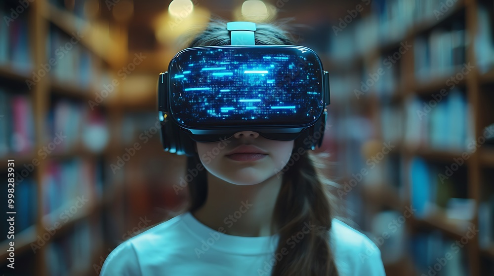 School student with VR headset using AI artificial intelligence technology & machine learning. Interactive technology in classroom. Innovation & smart tech. AI blue hologram in education School student with VR headset using AI artificial intelligence technology & machine learning. Interactive technology in classroom. Innovation & smart tech. AI blue hologram in education