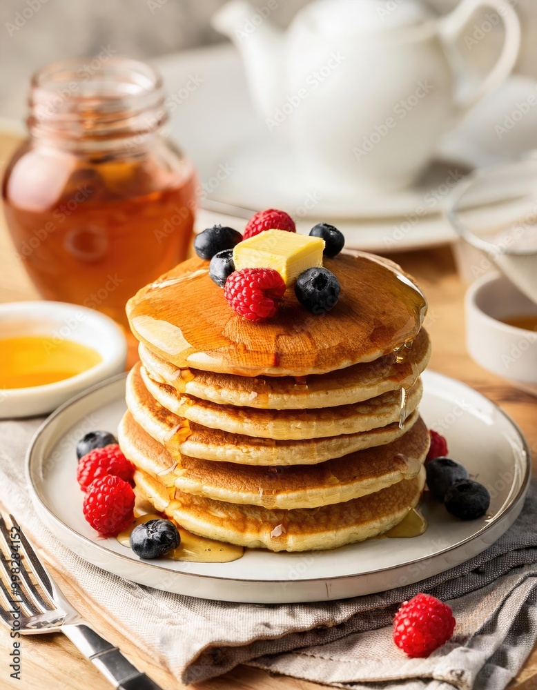 Stack of pancakes with butter & berries Stack of pancakes with butter & berries