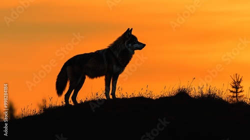 Lone Wolf Silhouette on Minimalist Hill at Sunset