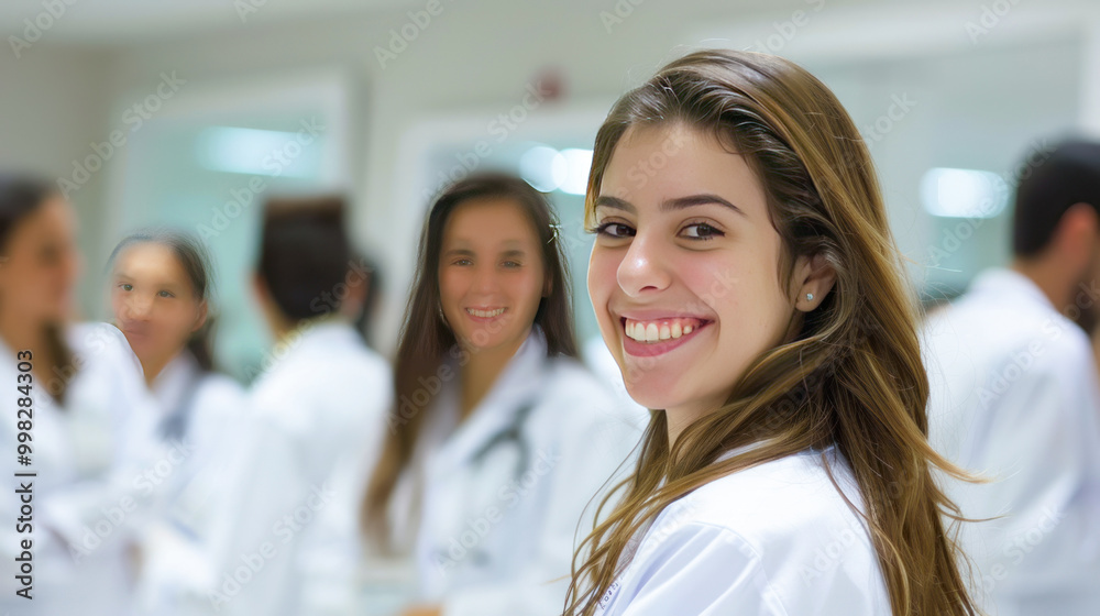 Fototapeta premium young female doctor smiling and standing confidently at hospital