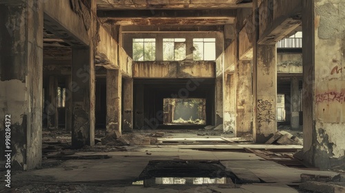 Crumbling Interior of an Abandoned Building with a Glimpse of Greenery