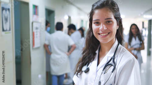 young female doctor smiling and standing confidently at hospital