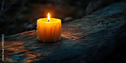 A lone candle flickering gently, casting a warm and comforting glow on a roughhewn wooden surface.