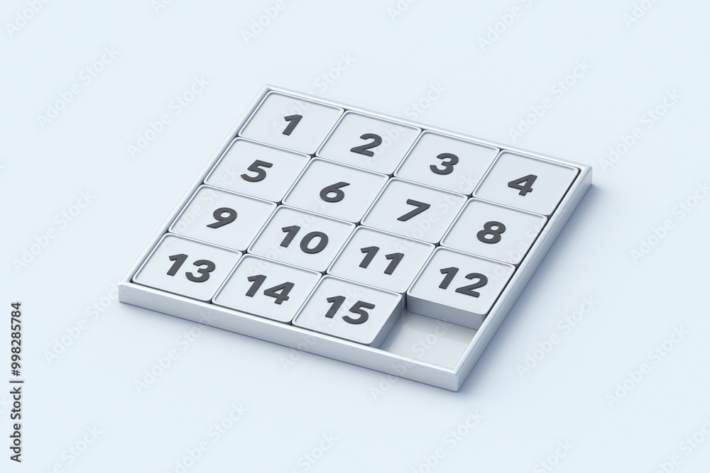 Sliding fifteen puzzle on light gray background. Pocket game. Logic toy for intellectual development. 3d render Sliding fifteen puzzle on light gray background. Pocket game. Logic toy for intellectual development. 3d render