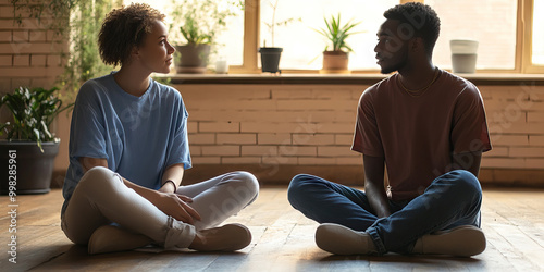 Unspoken Bond of Understanding: Two people sitting cross-legged on the floor, facing each other, engaged in a deep and meaningful conversation.