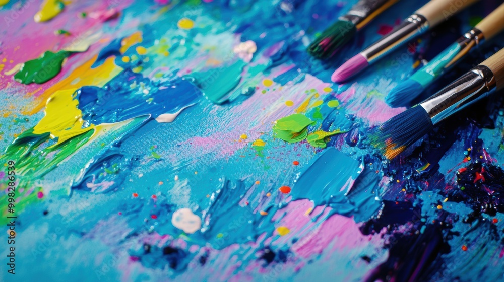 Obraz premium Bright colors mix on a palette as paintbrushes rest alongside abstract brushstrokes on a canvas, capturing creative energy and expression. Generative AI