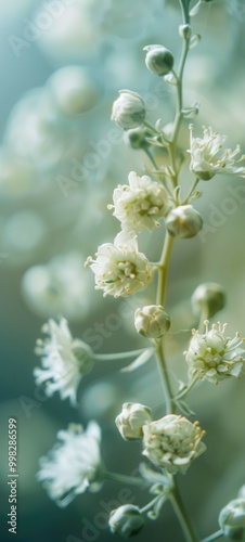 Delicate White Flower Blossom in Soft Focus Against Light Blue Background