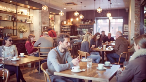 Group of people enjoying coffee and conversation at a cafe photo