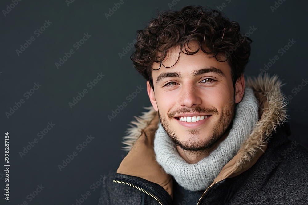 Young man smiling warmly. Ideal for winter fashion, healthcare, or positive lifestyle. Young man smiling warmly. Ideal for winter fashion, healthcare, or positive lifestyle.