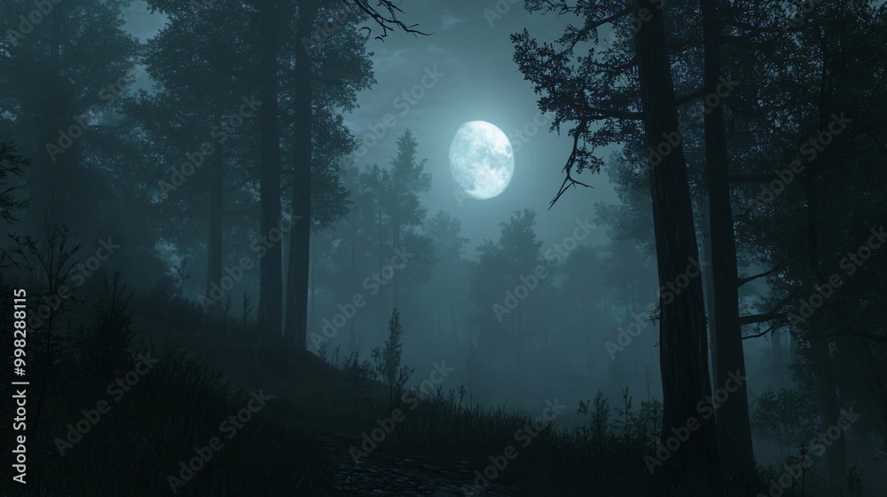 A mysterious forest path illuminated by the moonlight shining through the trees. A mysterious forest path illuminated by the moonlight shining through the trees.