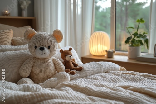 Two knitted teddy bears sitting on a white bedspread in a bedroom with a window and a lamp. photo