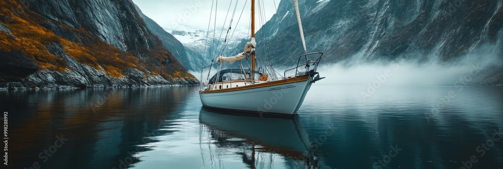 Obraz premium A serene sailboat glides through tranquil waters. Surrounded by majestic mountains and wispy clouds, this image captures a peaceful escape. Ideal for travel and nature enthusiasts. AI