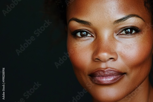 close-up portrait of a Black woman with flawless skin and defined features, looking to the camera, against a dark background