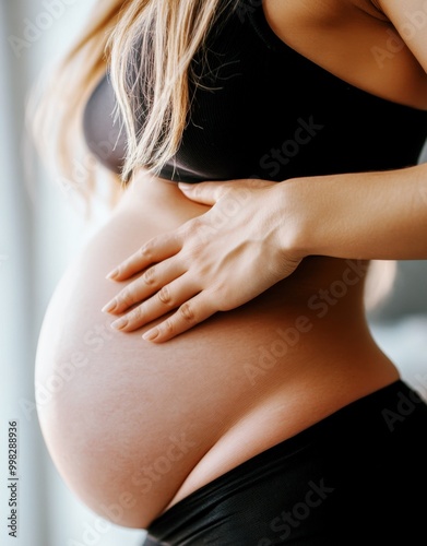 Wallpaper Mural close-up of pregnant woman cradling her belly, showcasing motherhood and maternity in a intimate moment Torontodigital.ca