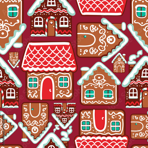 Seamless vector pattern with cute gingerbread houses and cookies. Perfect for textile, wallpaper or print design
