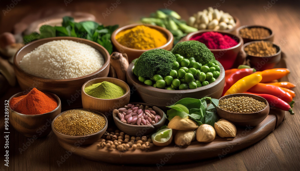 Colorful spices and fresh ingredients arranged on a wooden surface. Colorful spices and fresh ingredients arranged on a wooden surface.