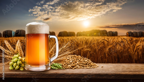 Beer in glass with hop and barley on wooden table at sunset. photo