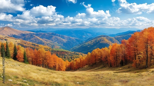 Scenic autumn landscape with colorful trees and mountains.