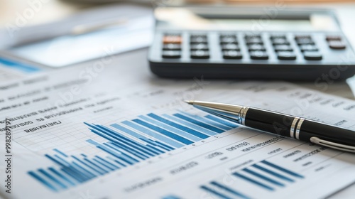 Financial Reports and Calculator on Desk Close-Up photo