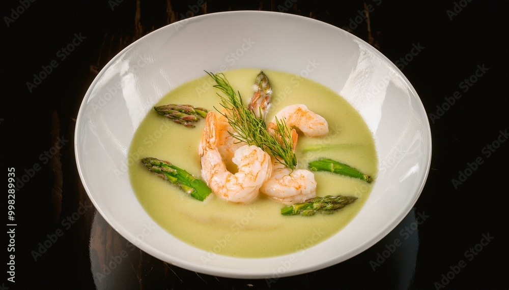 Asparagus cream soup with prawns and fresh dill. Asparagus cream soup with prawns and fresh dill.