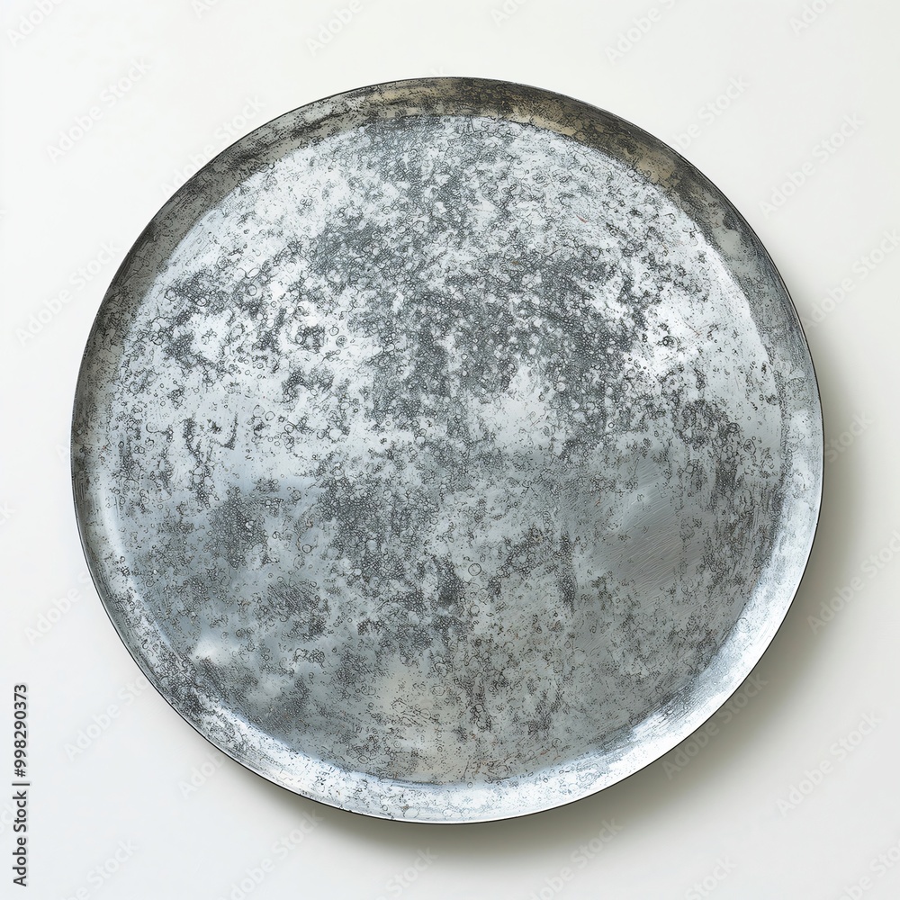 Close up of a round galvanized steel plate showing a textured surface, isolated on a white background Close up of a round galvanized steel plate showing a textured surface, isolated on a white background