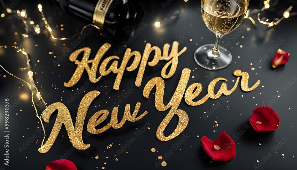 Happy New Year text with gold glitter on black background, festive celebration, holiday card Happy New Year text with gold glitter on black background, festive celebration, holiday card