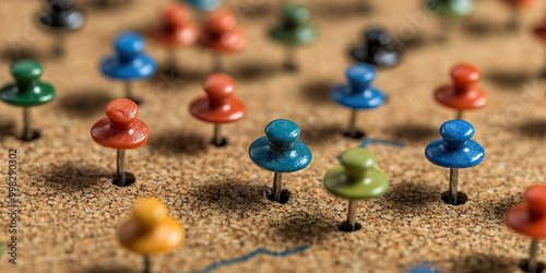 Thumb Tack Territory: A map of thumb tacks, marking important points and notes on a corkboard, telling the tale of ongoing projects.