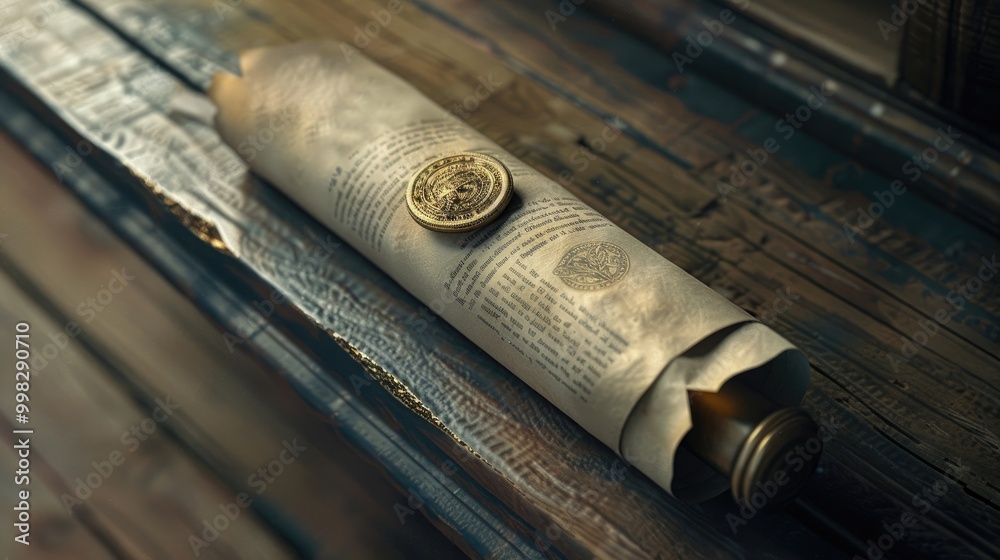 Fototapeta premium Diploma scroll with a golden seal on a wooden shelf.