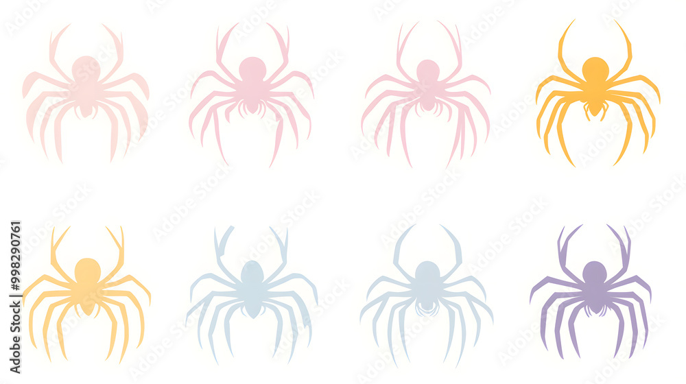 Pastel spider silhouette set of icons with smooth rounded legs and soft colors placed on a clean background Pastel spider silhouette set of icons with smooth rounded legs and soft colors placed on a clean background