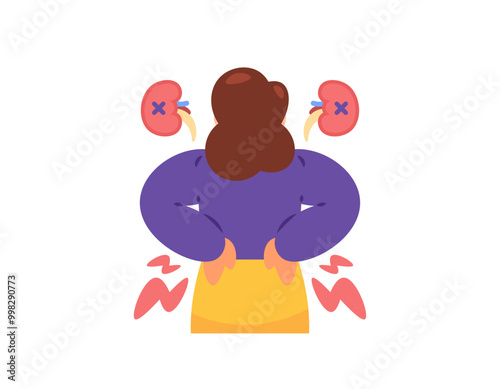 kidney failure concept. illustration of a woman looking in pain or discomfort. woman sick with kidney failure. back pain. health problems. kidneys are damaged. flat style character design