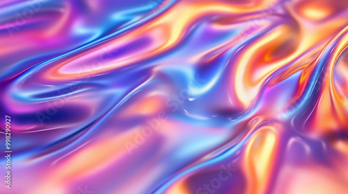 Glossy Satin Fabric With Pink, Blue, and Orange Iridescent Colors Flowing Smoothly and Reflecting Light