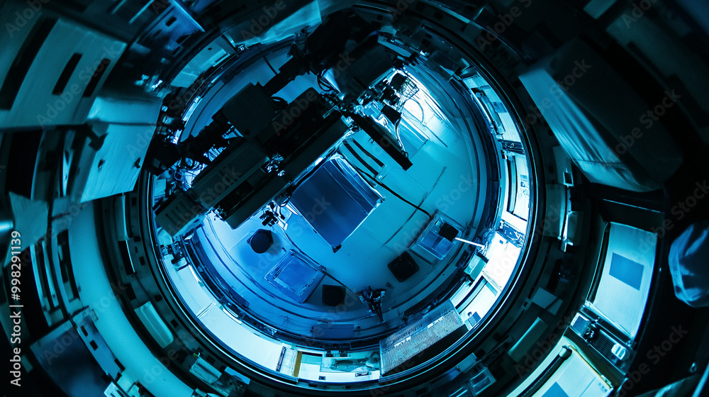 Fototapeta premium Futuristic Space Station Interior: Circular Hatch View in Blue Tones