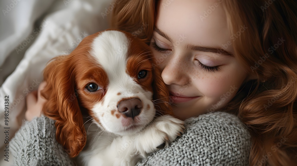 Young girl with curly hair lovingly embracing a playful spaniel puppy. Young girl with curly hair lovingly embracing a playful spaniel puppy.