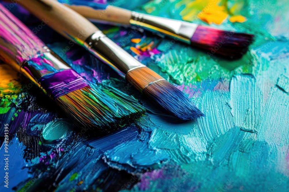 Obraz premium Bright splashes of color on a palette and canvas capture the essence of an artistic painting session filled with creativity. Generative AI
