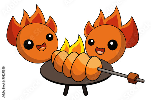 Grilling Chicken meat, shashlik on metal skewers Charcoal and flame grill outdoor picnic, traditional street food on white background