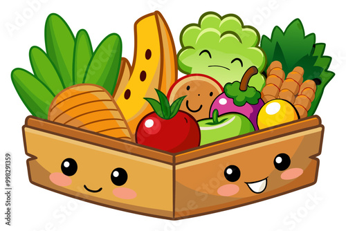 Healthy food clean eating selection in wooden box on white background, basket with vegetables