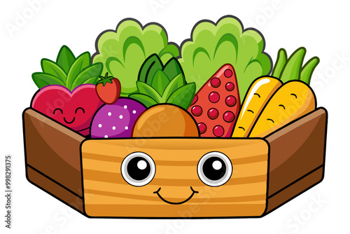 Healthy food clean eating selection in wooden box on white background, fruit and vegetables